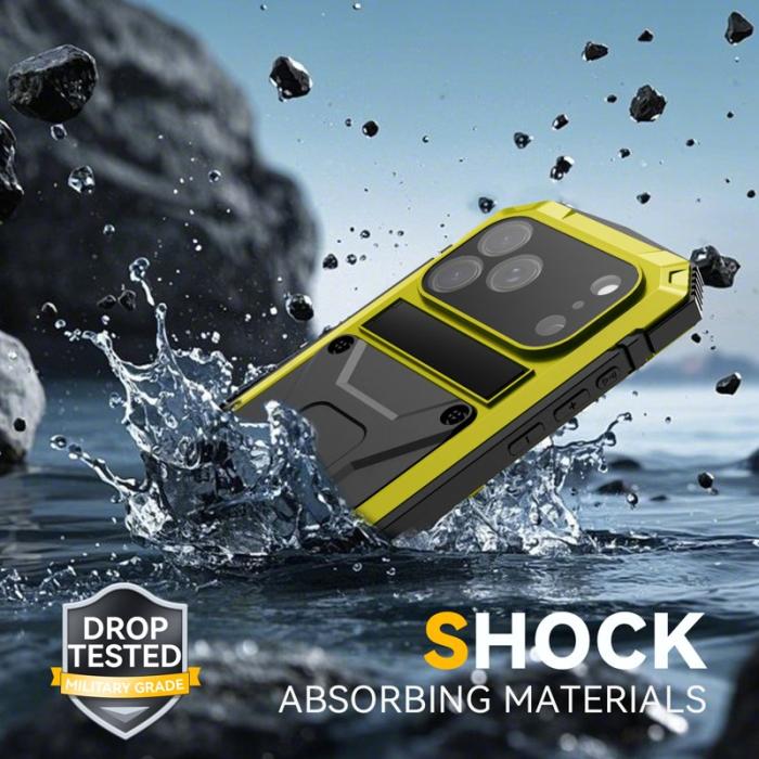 R-JUST - R-JUST Mobilskal till iPhone 17 Pro PC + Silikon + Metall Kickstand Gul