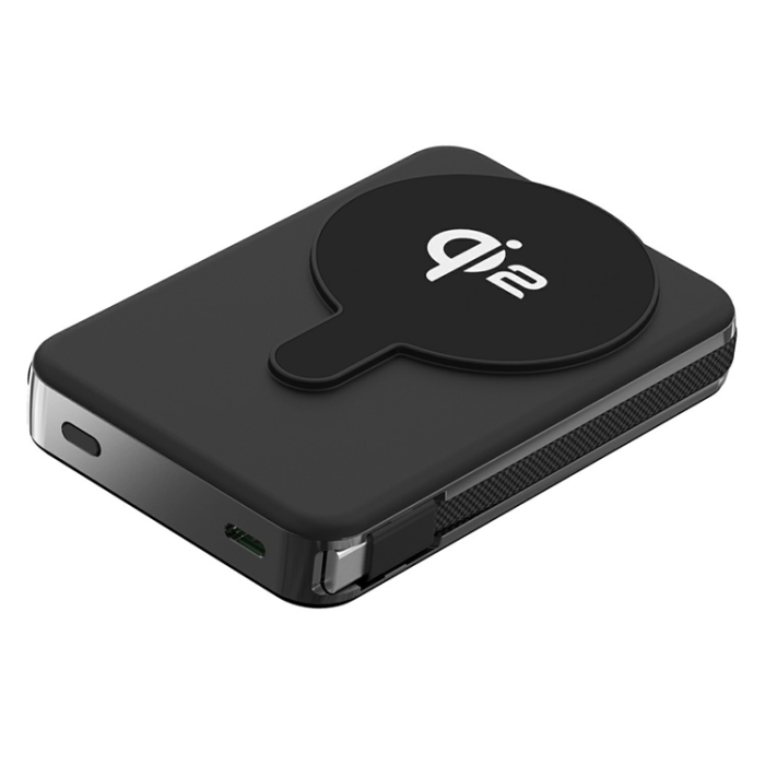 OEM - Qi2 Trådlös Magnetisk Powerbank 10000mAh 15W med Inbyggd Kabel - Svart
