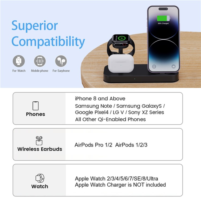 OEM - 3in1 Trådlös Laddare iPhone, Apple Watch, Airpods B25 - Svart