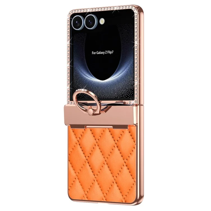 A-One Brand - Galaxy Z Flip7 Mobilskal med Skärmskydd Ringhållare Rhinestone - Orange
