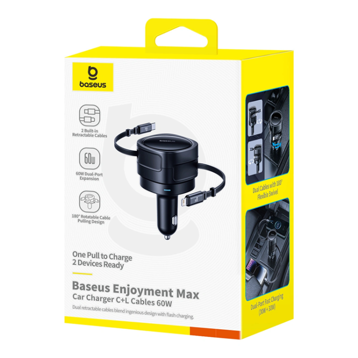 BASEUS - Baseus Billaddare USB-C Till Lightning Kabel Retractable 60W - Svart