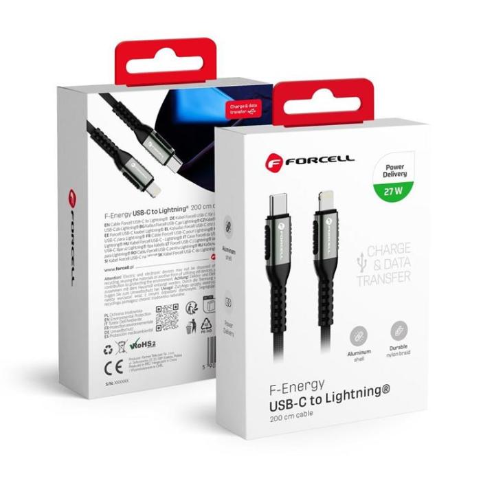 Forcell - Forcell USB-C till Lightning Kabel 27W 2m PD 3A Cafule - Svart