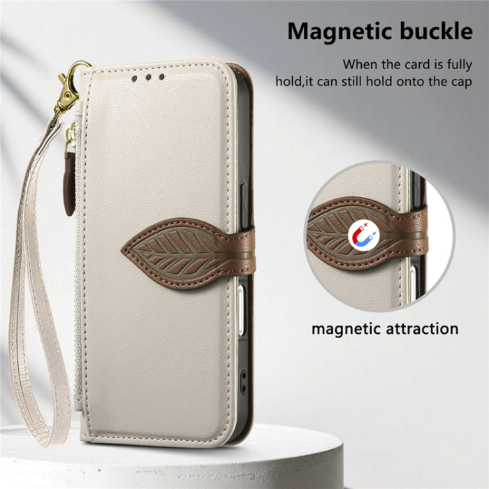 A-One Brand - iPhone 17 Pro Max Plånboksfodral Leaf Magnetiskt Spänne Konstläder - Beige