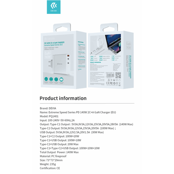 Devia - Devia Extreme Snabbladdare PD 140W 2x USB-C 1x USB För Bärbara