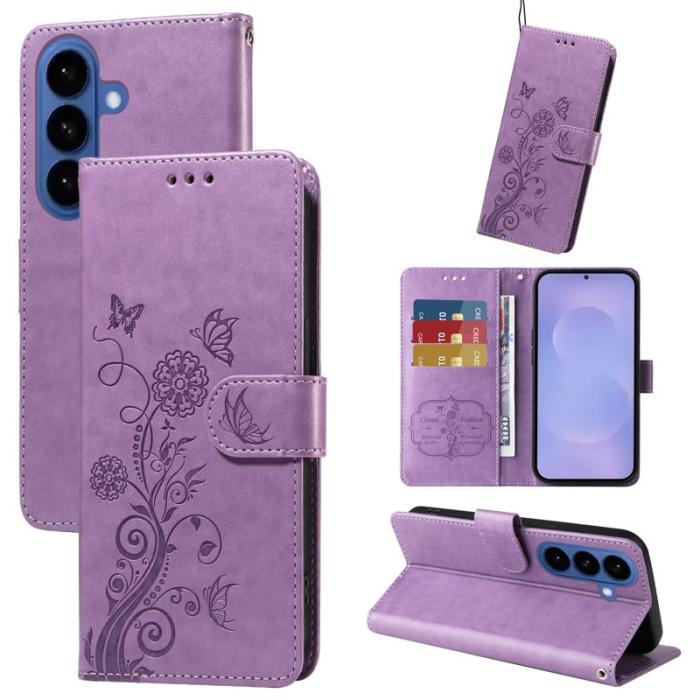 OEM - Samsung Galaxy S26 Plus Plånboksfodral Konstläder Fjäril Blommönster - Lila