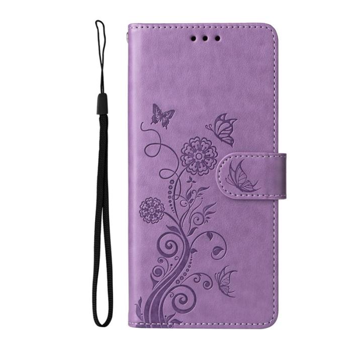 OEM - Samsung Galaxy S26 Plus Plånboksfodral Konstläder Fjäril Blommönster - Lila