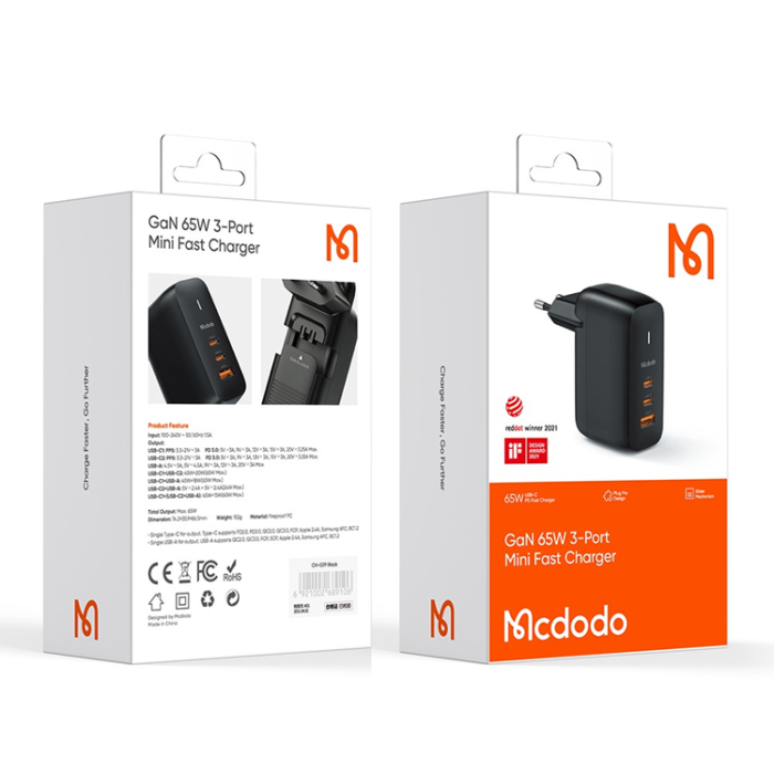 Mcdodo - MCDODO GaN Snabbladdare 65W 2x USB-C - USB-A EU Mini Svart