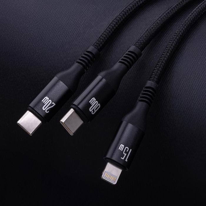Forever - Forever 3in1 USB-C/2x USB-C/Lightning Kabel 1.2m 60W - Svart