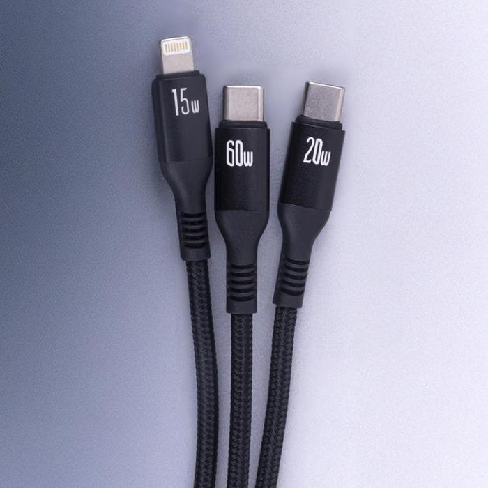 Forever - Forever 3in1 USB-C/2x USB-C/Lightning Kabel 1.2m 60W - Svart