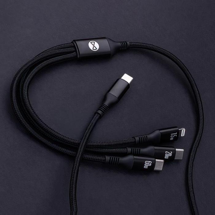 Forever - Forever 3in1 USB-C/2x USB-C/Lightning Kabel 1.2m 60W - Svart