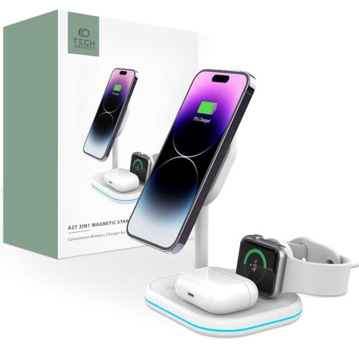 Tech-Protect - Tech-Protect 3-in-1 Trådlös Laddare Magsafe iPhone, Apple Watch, AirPods - Vit