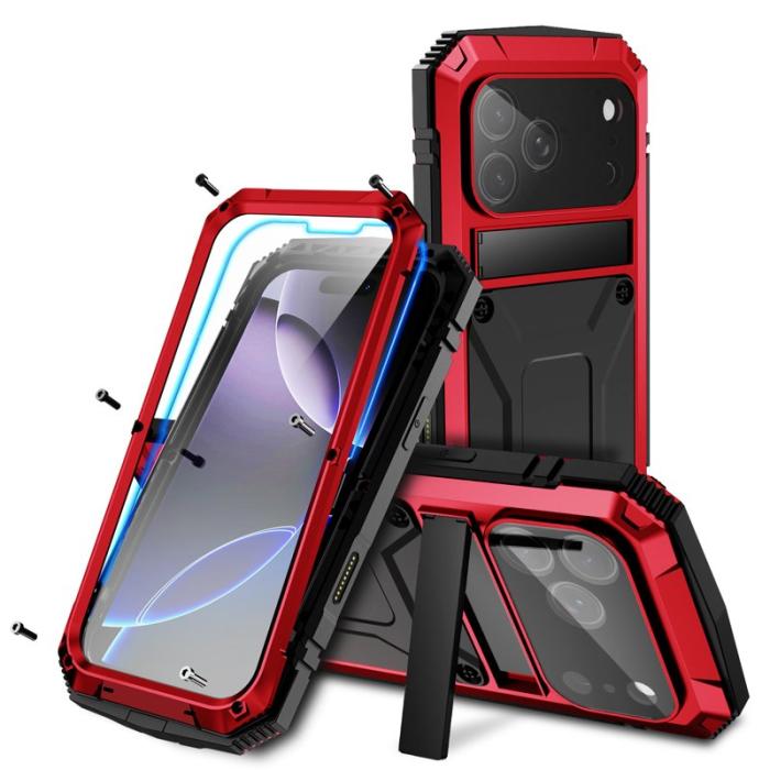 R-JUST - R-JUST Mobilskal till iPhone 17 Pro PC + Silikon + Metall Kickstand Röd