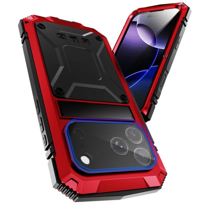 R-JUST - R-JUST Mobilskal till iPhone 17 Pro PC + Silikon + Metall Kickstand Röd