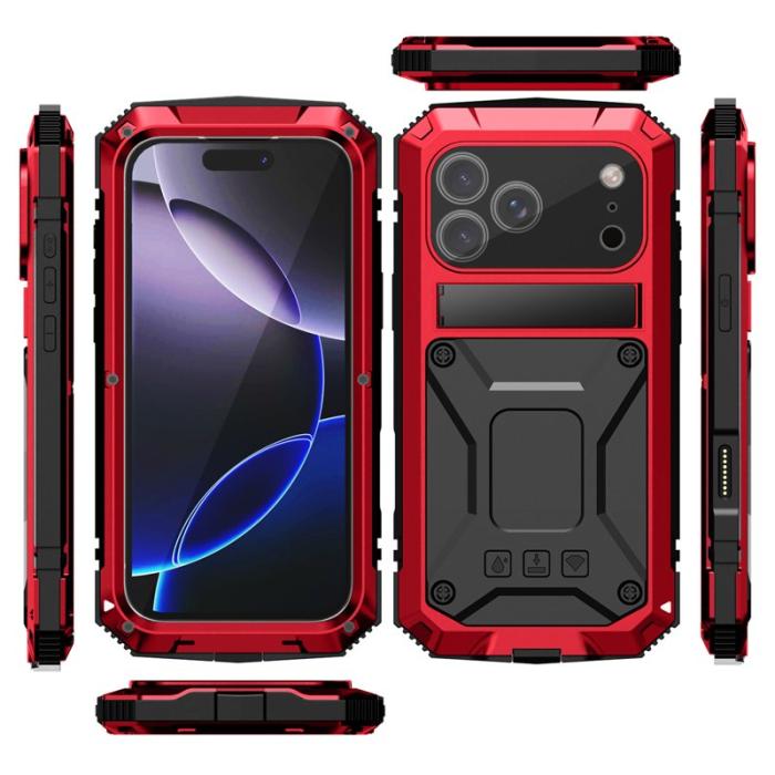 R-JUST - R-JUST Mobilskal till iPhone 17 Pro PC + Silikon + Metall Kickstand Röd