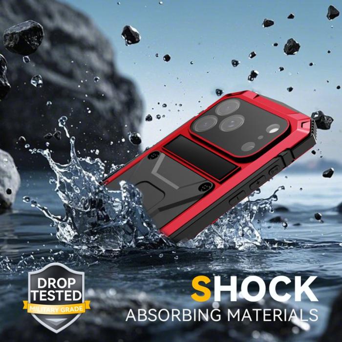 R-JUST - R-JUST Mobilskal till iPhone 17 Pro PC + Silikon + Metall Kickstand Röd