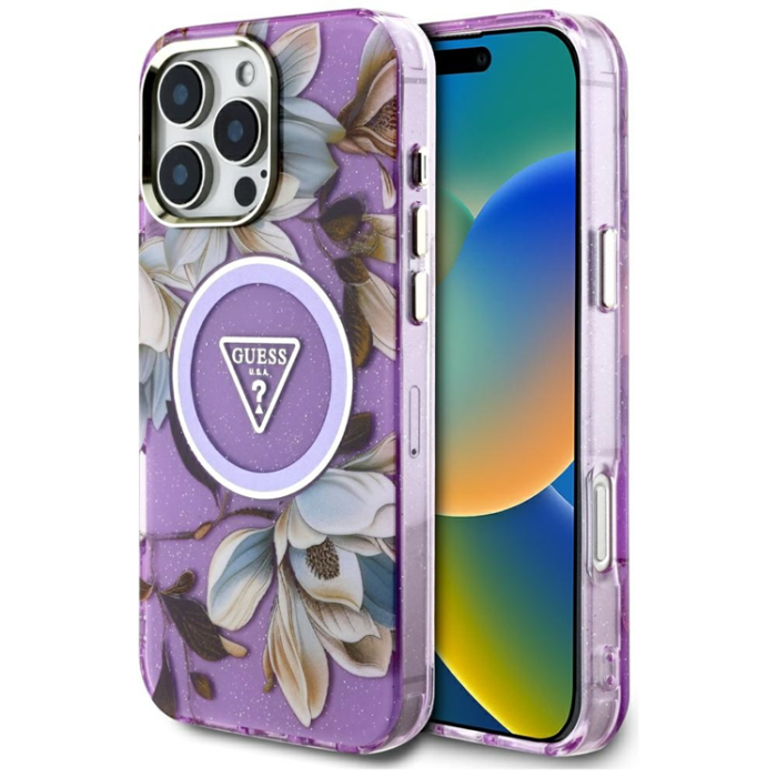 Guess - Guess iPhone 16 Pro Max Mobilskal Magsafe Glitter Flowers - Lila