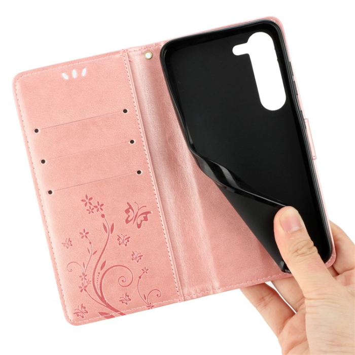 A-One Brand - Galaxy S23 Plånboksfodral Imprinting Flower Butterfly - Rosa Guld