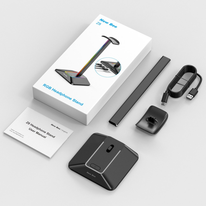 A-One Brand - NEW BEE RGB-Ljus Hörlursställ med USB, Typ-C Expansionshub Z8 - Svart