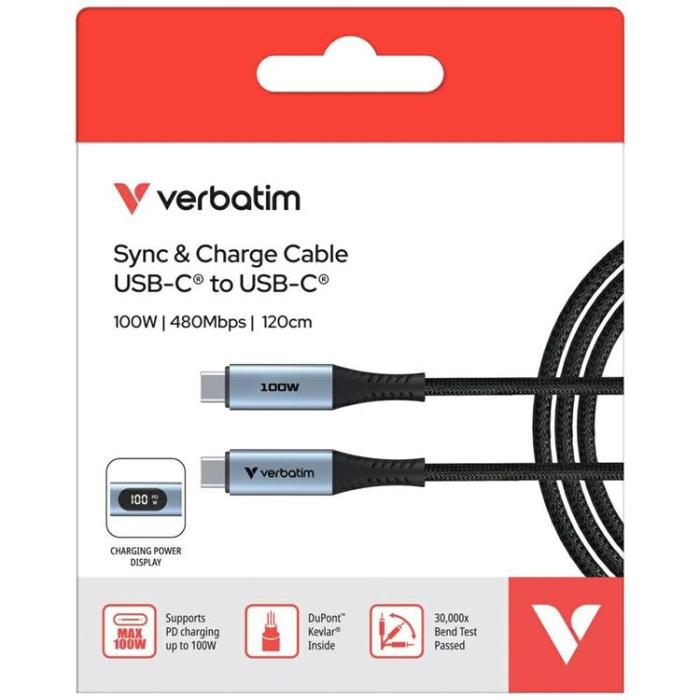 Verbatim - Verbatim USB-C Till USB-C 100W Kabel 120cm Sync & Charge - Svart