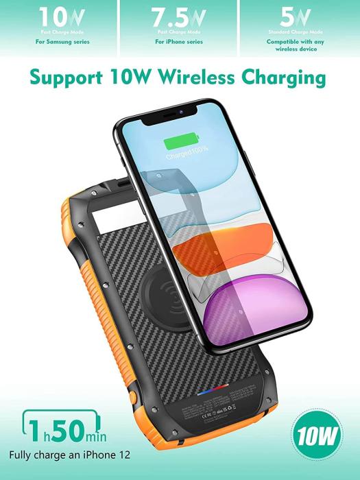 A-One Brand - Solcells powerbank - Trådlös laddning - PD/QC 30 - 33500 mAh