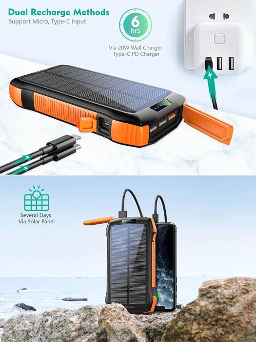 A-One Brand - Solcells powerbank - Trådlös laddning - PD/QC 30 - 33500 mAh
