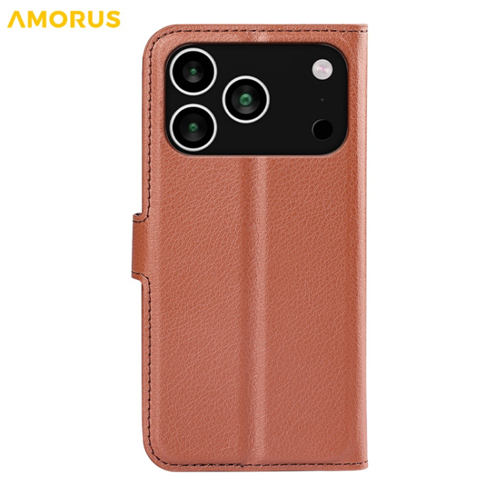 Amorus - AMORUS iPhone 17 Pro Plånboksfodral Flipstativ Litchi - Brun