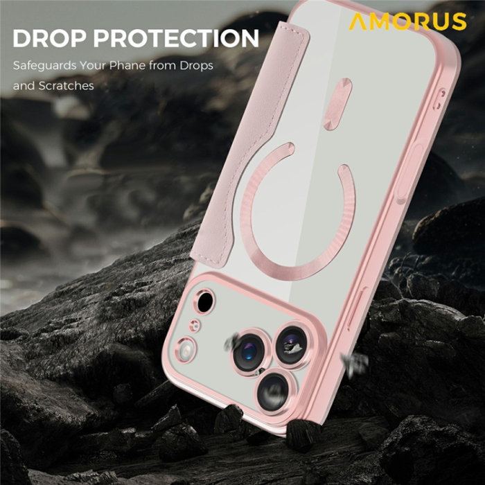 Amorus - AMORUS iPhone 17 Pro Max Plånboksfodral MagSafe RFID - Rosa