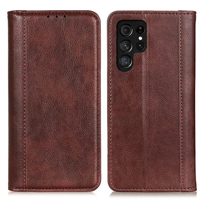 OEM - Samsung Galaxy S26 Ultra Plånboksfodral Äkta Läder Litchi Textur - Brun