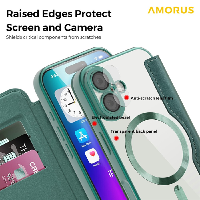 Amorus - AMORUS iPhone 17 Plånboksfodral MagSafe RFID Blocking - Grön