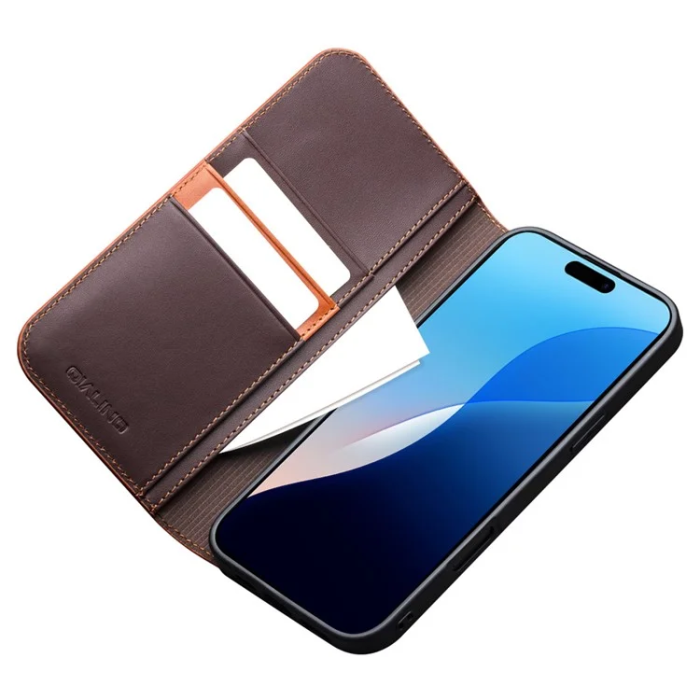 QIALINO - Qialino iPhone 16 Pro Max Plånboksfodral Äkta läder - Brun