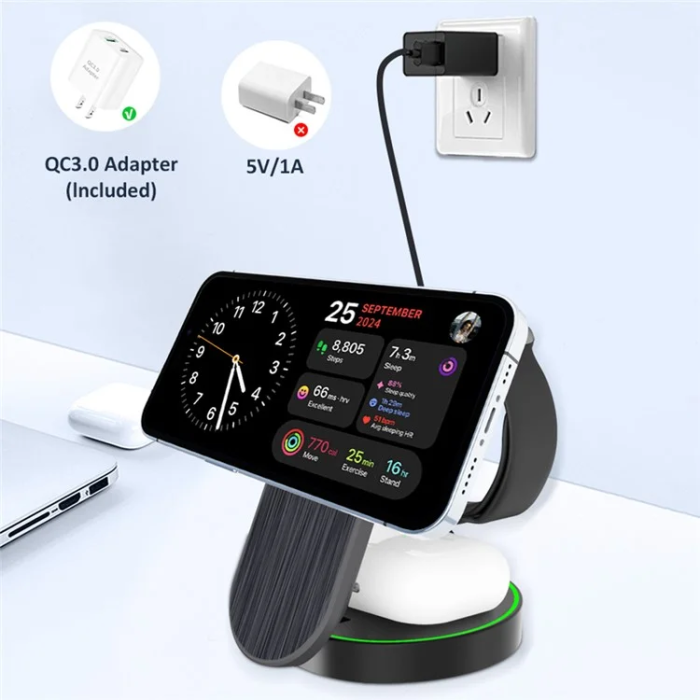 OEM - 3in1 MagSafe Trådlös Laddare iPhone Apple Watch Airpods 15W L9 (Svart)