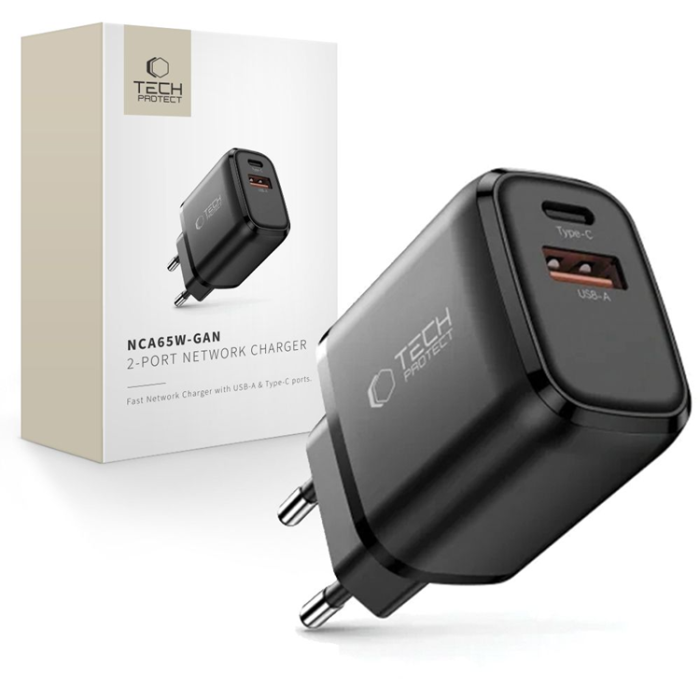 Tech-Protect - Tech-Protect 2-Port Snabbladdare PD 65W/QC3.0 NCA65W-GAN - Svart
