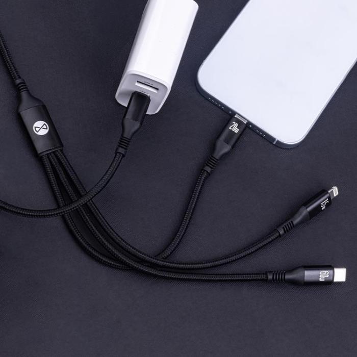 Forever - Forever 3in1 USB-C/2x USB-C/Lightning Kabel 1.2m 60W - Svart