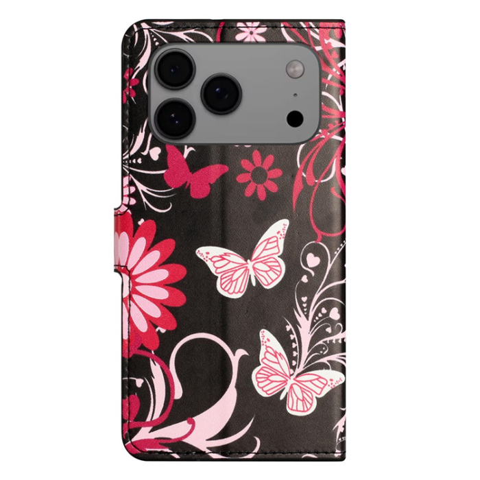 A-One Brand - iPhone 17 Pro Plånboksfodral Pattern Print Läder - Svart Fjäril