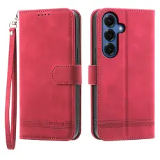 DIERFENG - DIERFENG Samsung Galaxy S26 Fodral L&auml;der Med Handledsrem - R&ouml;d