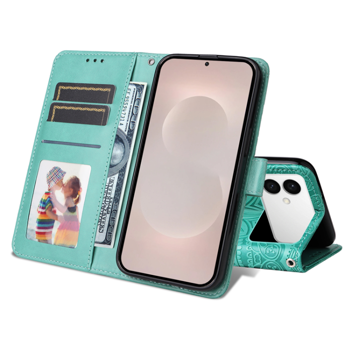 A-One Brand - Galaxy S26 Edge Plånboksfodral Sunflower Imprint Läder - Grön