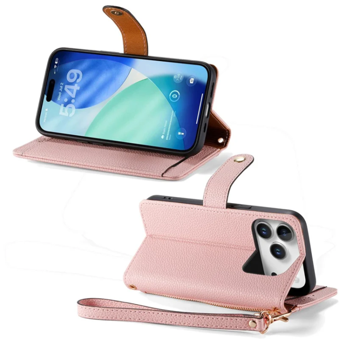 A-One Brand - iPhone 17 Pro Max Plånboksfodral RFID Zipper med rem - Rosa