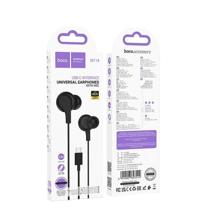 Hoco - HOCO Trådbundna Hörlurar USB-C Kabel 1.2m Mikrofon M114 Svart