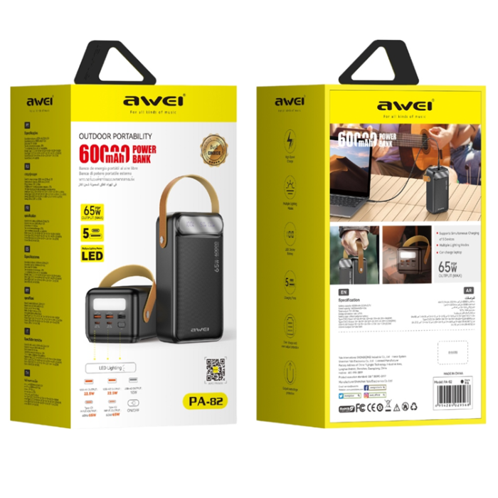 Awei - Awei Powerbank 60000mAh 65W 2xUSB-C 2xUSB-A PA-82 - Svart