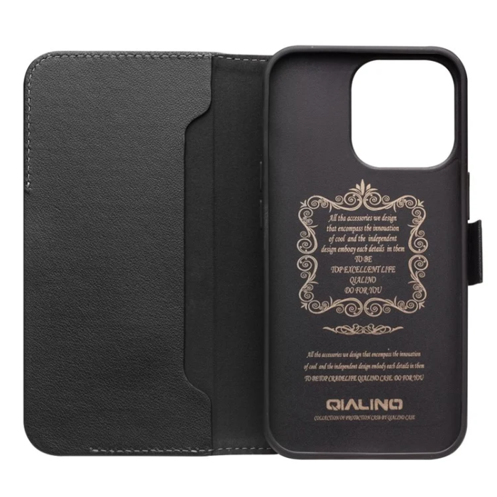 QIALINO - Qialino iPhone 14 Plånboksfodral Äkta Läder Magnetic - Svart