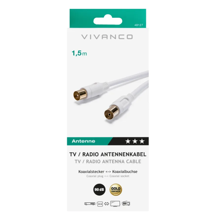UTGATT1 - Vivanco Antenn Kabel Dubbelskärmad 90dB 1.5m - Vit