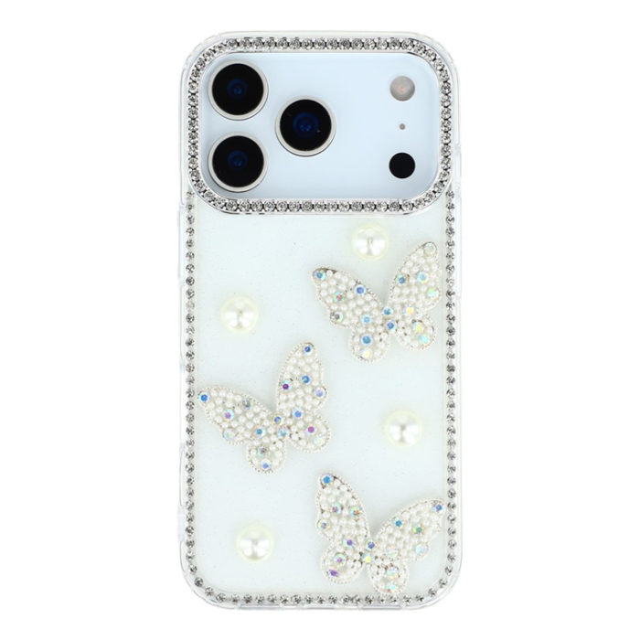 A-One Brand - iPhone 17 Pro Max Mobilskal Rhinestone Edge Pearl Butterfly
