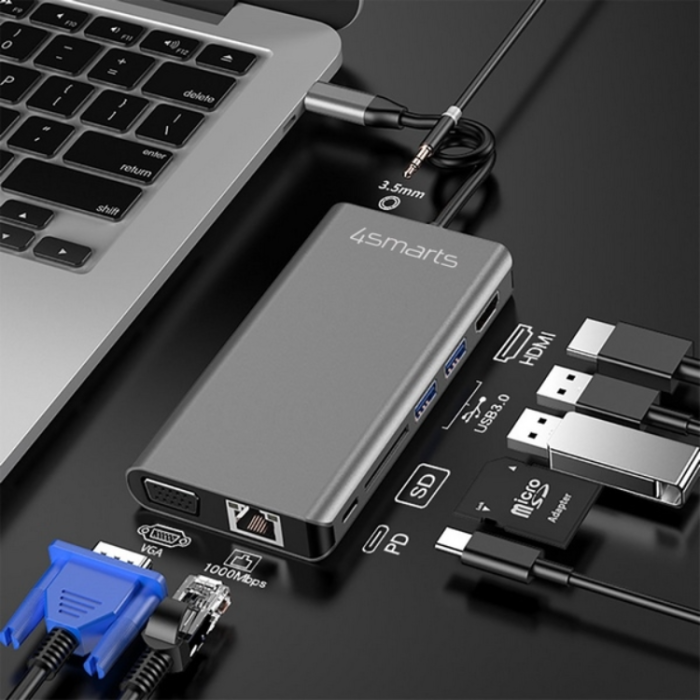 4smarts - 4smarts Hub Adapter 8in1 - Grå