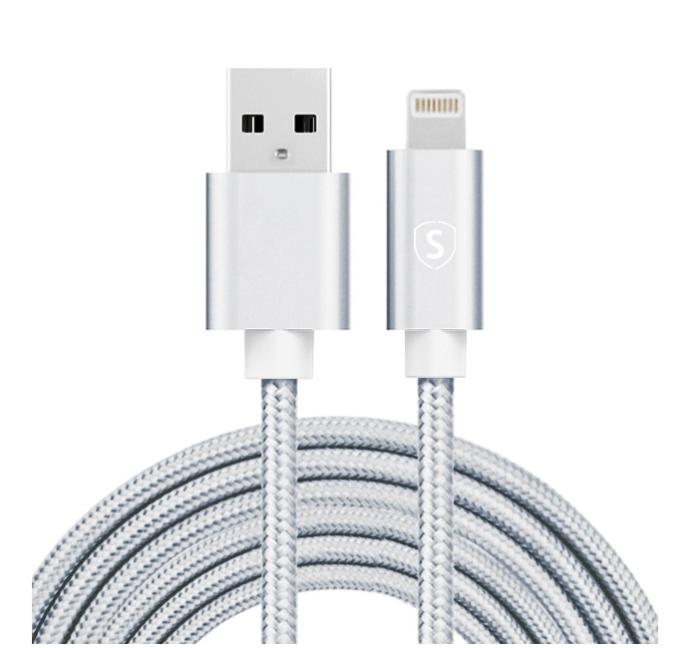 SiGN - SiGN USB-A till Lightning kabel, 2.1A, 3m, Nylon - Silver