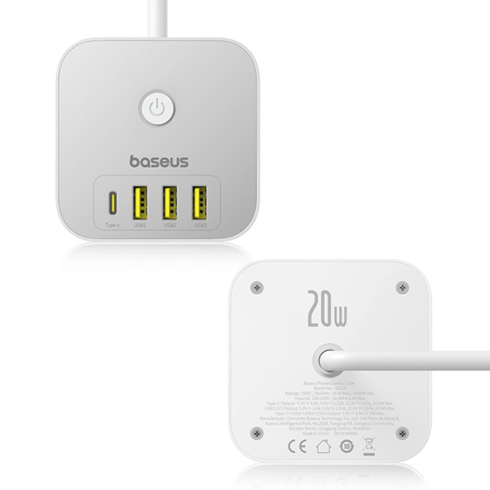 BASEUS - Baseus Power Strip Cube 20W 3xAC 3xUSB-A 1xUSB-C 1.5m - Vit