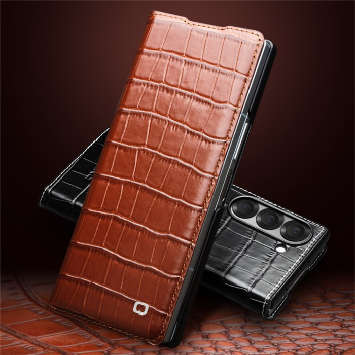 QIALINO - QIALINO Galaxy Z Fold 6 Fodral Äkta Läder Cowhide Crocodile
