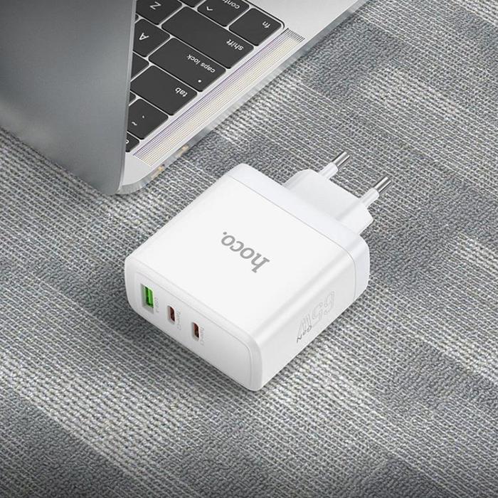 Hoco - Hoco Väggladdare 2 x Type C + USB A 65W GaN - Vit