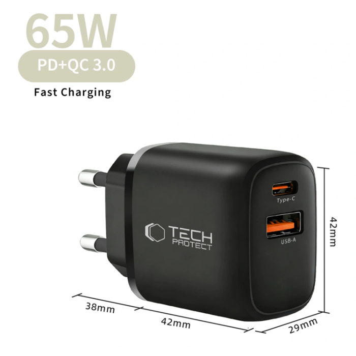 Tech-Protect - Tech-Protect 2-Port Snabbladdare PD 65W/QC3.0 NCA65W-GAN - Svart