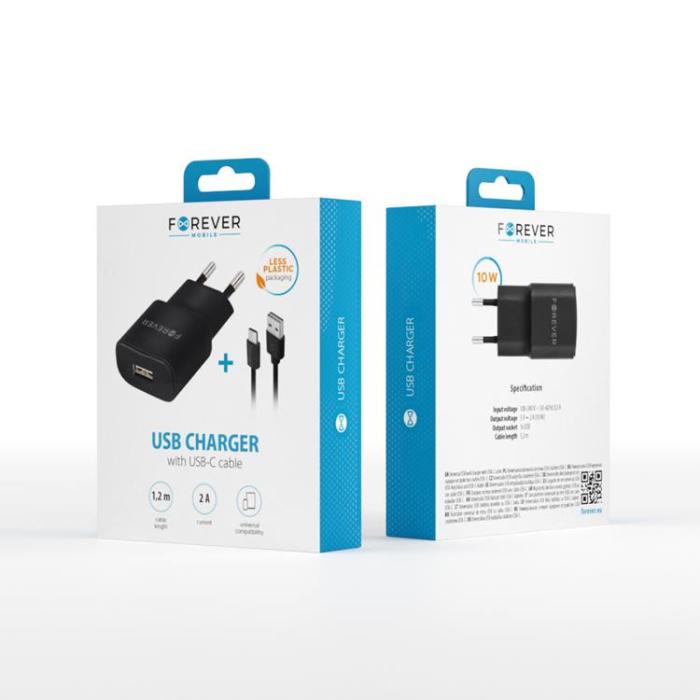 Forever - Forever Väggladdare 1x USB 2A + USB-C Kabel TC-01 - Svart