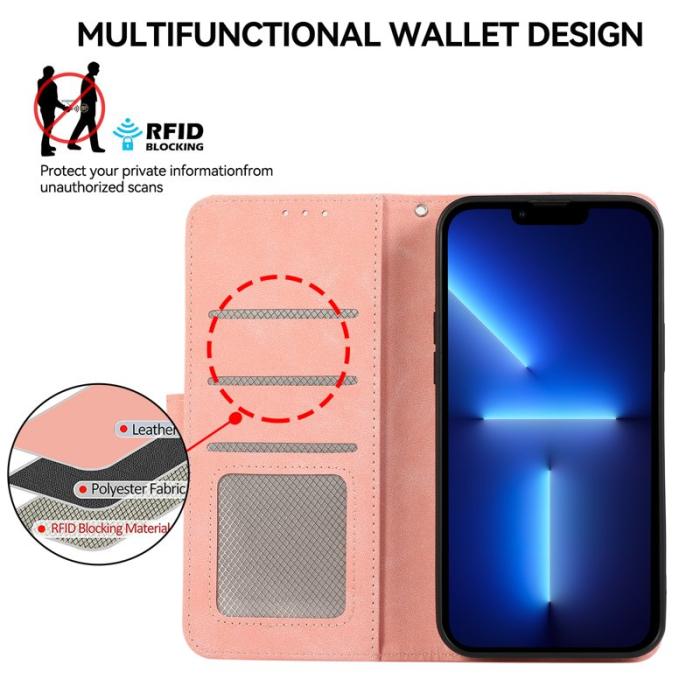 ABEEL - ABEEL iPhone 13 Pro Case RFID-Skydd Plånboksfodral Konstläder - Rosa